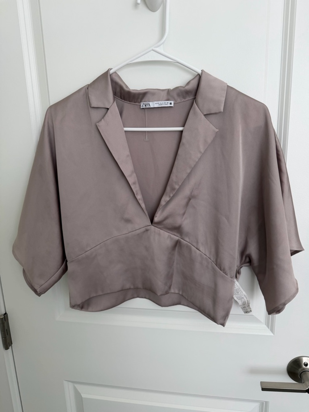 Zara Taupe Satin Cropped V-Neck Top